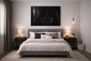 tableau plexi en dessus d'un lit d'adulte