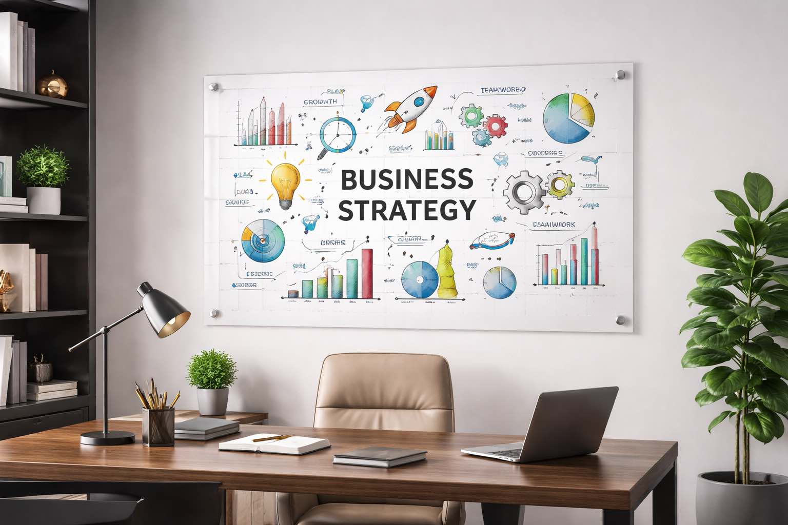 Tableau business sur plexiglass pour bureau professionnel, ambiance élégante