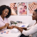 Manucure professionnelle salon moderne en train de faire les ongles