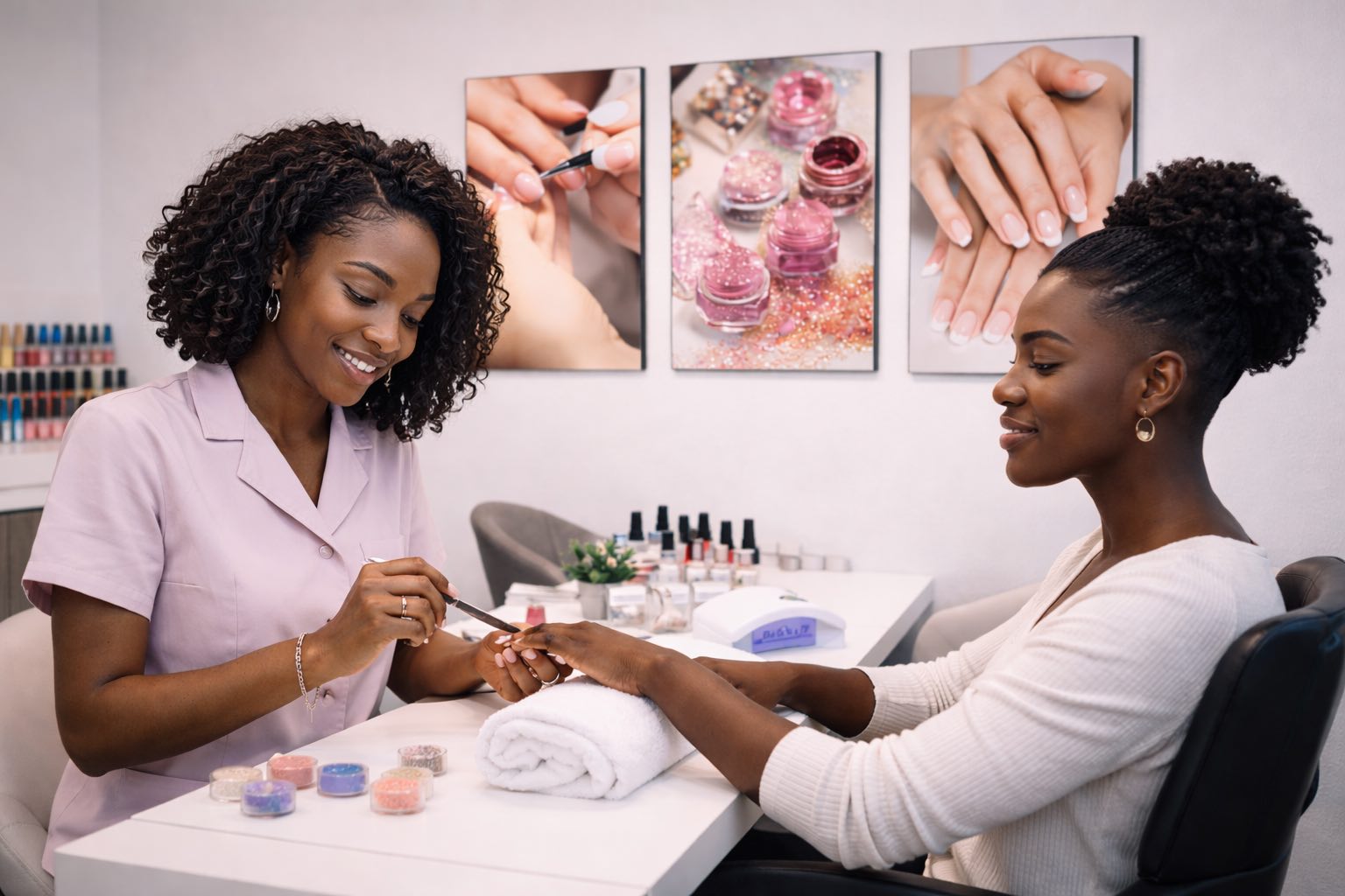 Manucure professionnelle salon moderne en train de faire les ongles