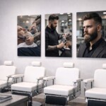 Salon de barbier épuré décoré avec des tableaux en plexi