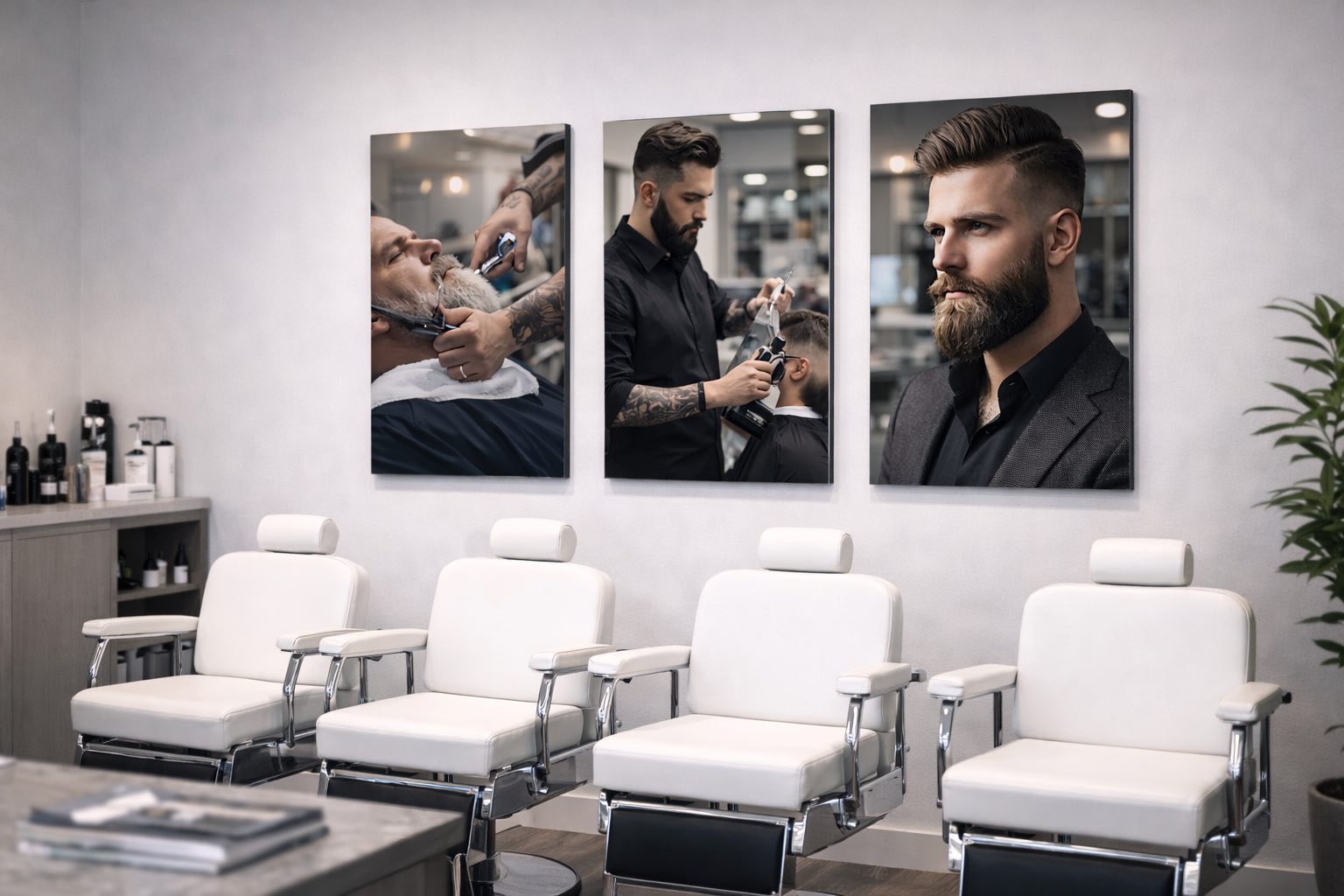Salon de barbier épuré décoré avec des tableaux en plexi