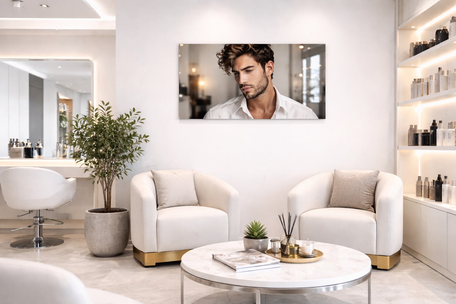 Homme sur un tableau en plexi dans un salon de coiffure
