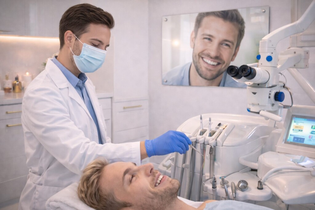 Un densiste qui se prépare à soigner un patient avec décoration de tableaux en plexiglass