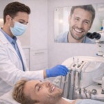 Un densiste qui se prépare à soigner un patient avec décoration de tableaux en plexiglass