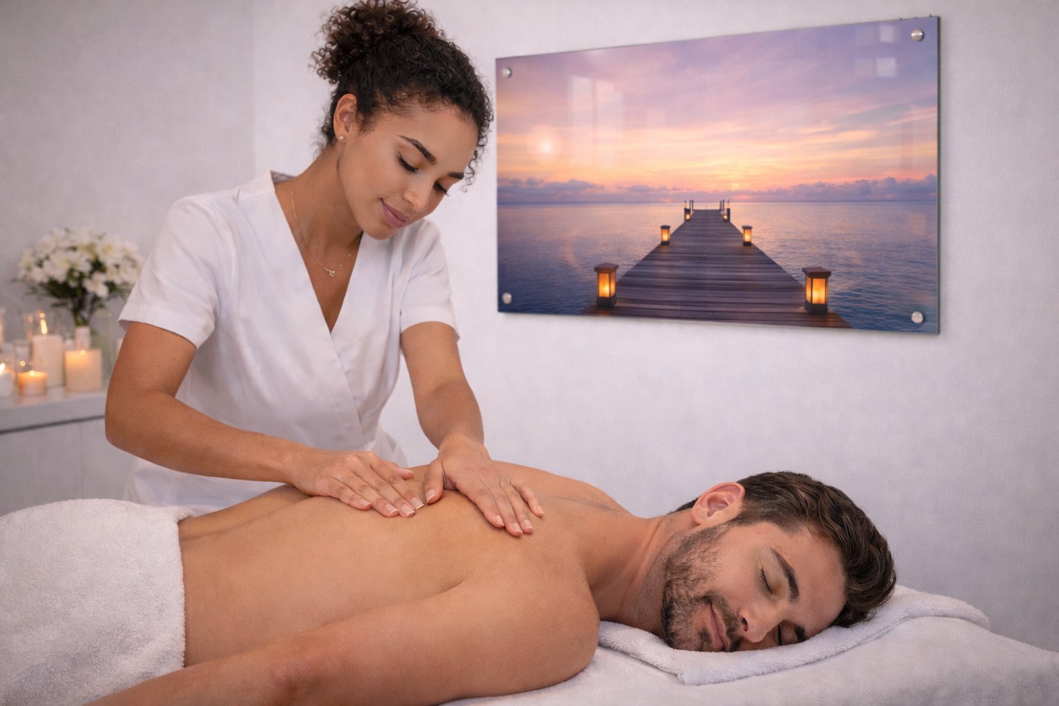 Décoration spa : ambiance relaxante pour institut de massage avec tableau plexiglass